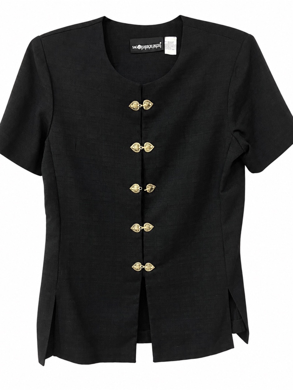 Vintage Saga Harbor Dress Petite Black Textured Top Blouse Gold Clasp 10p
